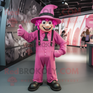 Pink Magician mascot costume character dressed with a Dungarees and Belts