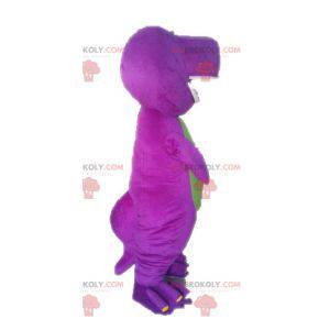 Mascote de dinossauro roxo e verde com um grande focinho