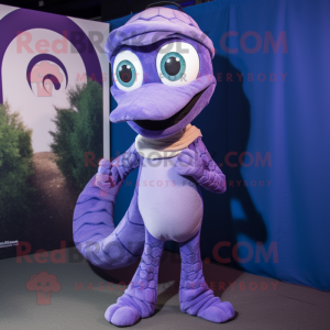 Lavender Snake mascot costume character dressed with a Capri Pants and Beanies