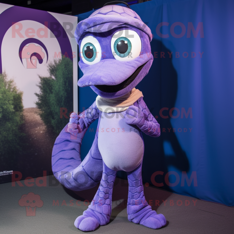 Lavender Snake mascot costume character dressed with a Capri Pants and Beanies Lavender Snake mascot costume character dressed with a Capri Pants and Beanies