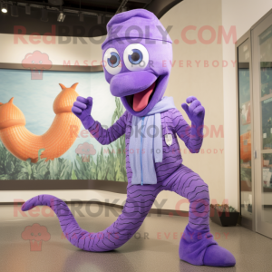 Lavender Snake mascot costume character dressed with a Capri Pants and Beanies