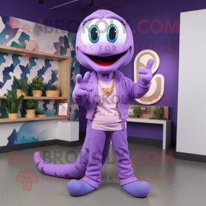 Lavender Snake mascot costume character dressed with a Capri Pants and Beanies