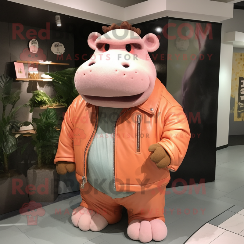 Peach Hippopotamus mascot costume character dressed with a Leather Jacket and Brooches Peach Hippopotamus mascot costume character dressed with a Leather Jacket and Brooches