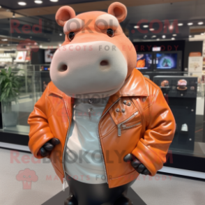 Peach Hippopotamus mascot costume character dressed with a Leather Jacket and Brooches