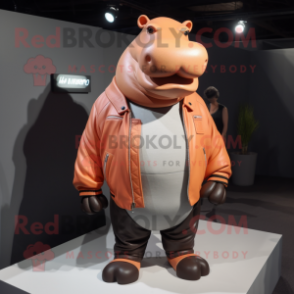 Peach Hippopotamus mascot costume character dressed with a Leather Jacket and Brooches