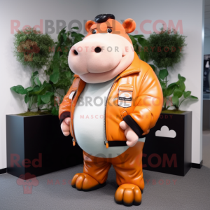 Peach Hippopotamus mascot costume character dressed with a Leather Jacket and Brooches