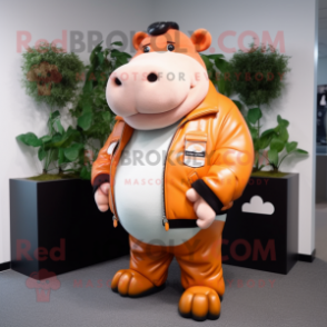 Peach Hippopotamus mascot costume character dressed with a Leather Jacket and Brooches