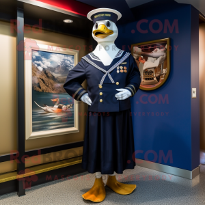 Navy Geese mascot costume character dressed with a Empire Waist Dress and Bracelets