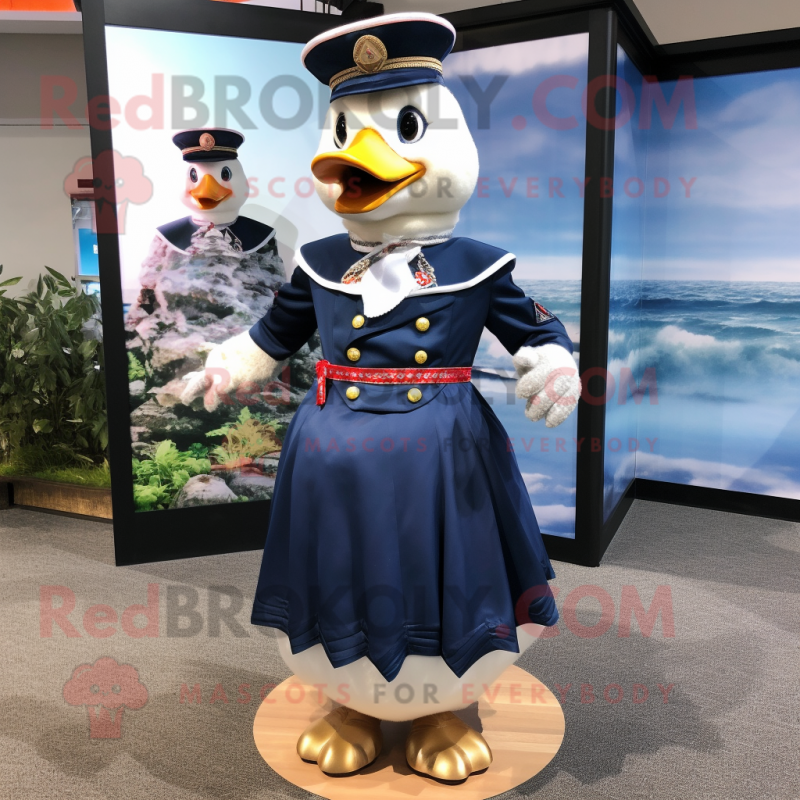 Navy Geese mascot costume character dressed with a Empire Waist Dress and Bracelets