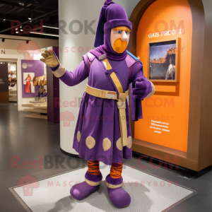 Purple Swiss Guard mascot costume character dressed with a Capri Pants and Scarves