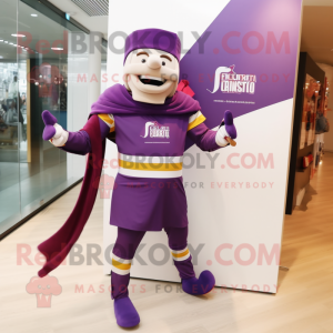 Purple Swiss Guard mascot costume character dressed with a Capri Pants and Scarves