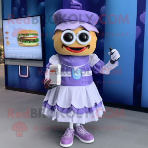 Lavender Hamburger mascot costume character dressed with a Skirt and Digital watches