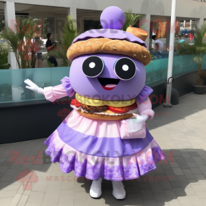 Lavender Hamburger mascot costume character dressed with a Skirt and Digital watches