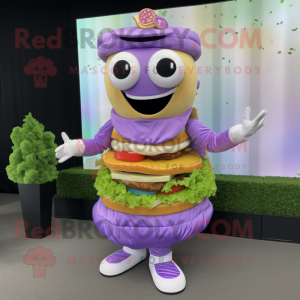 Lavender Hamburger mascot costume character dressed with a Skirt and Digital watches