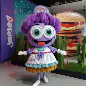 Lavender Hamburger mascot costume character dressed with a Skirt and Digital watches