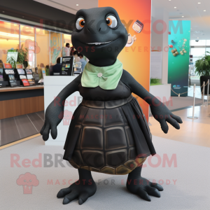 Black Turtle mascot costume character dressed with a Skirt and Suspenders