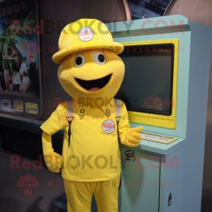 Lemon Yellow Television mascot costume character dressed with a Button-Up Shirt and Caps