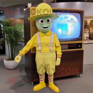 Lemon Yellow Television mascot costume character dressed with a Button-Up Shirt and Caps