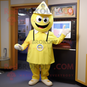 Lemon Yellow Television mascot costume character dressed with a Button-Up Shirt and Caps