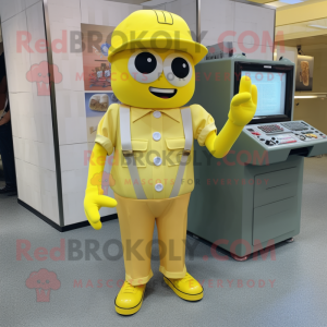 Lemon Yellow Television mascot costume character dressed with a Button-Up Shirt and Caps