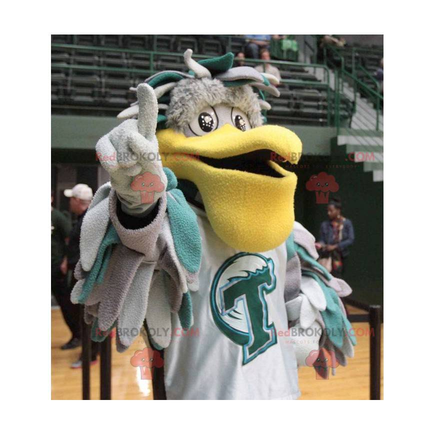 Gray and green pelican mascot with a large yellow beak -