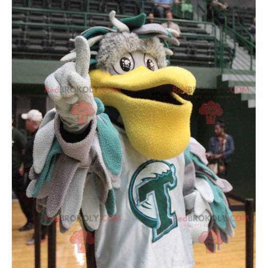 Gray and green pelican mascot with a large yellow beak -