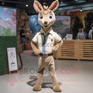 Beige Roe Deer mascot costume character dressed with a Chambray Shirt and Lapel pins