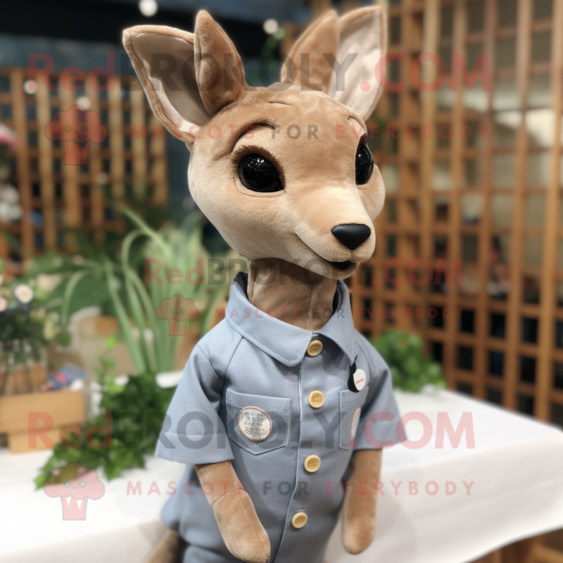 Beige Roe Deer mascot costume character dressed with a Chambray Shirt and Lapel pins Beige Roe Deer mascot costume character dressed with a Chambray Shirt and Lapel pins