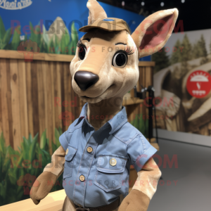Beige Roe Deer mascot costume character dressed with a Chambray Shirt and Lapel pins