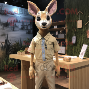 Beige Roe Deer mascot costume character dressed with a Chambray Shirt and Lapel pins