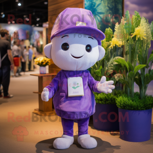 Lavender Pho mascot costume character dressed with a Shorts and Beanies