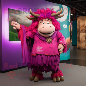 Magenta Yak mascot costume character dressed with a Wrap Skirt and Berets