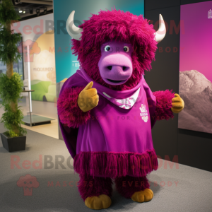 Magenta Yak mascot costume character dressed with a Wrap Skirt and Berets