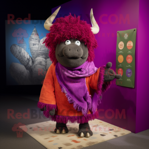 Magenta Yak mascot costume character dressed with a Wrap Skirt and Berets