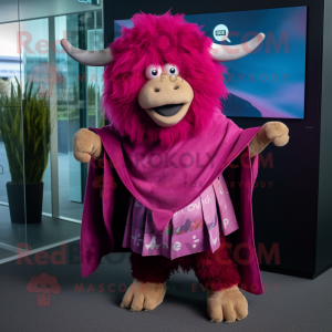 Magenta Yak mascot costume character dressed with a Wrap Skirt and Berets