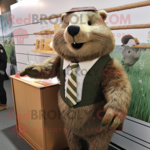 Olive Beaver mascot costume character dressed with a Pencil Skirt and Tie pins