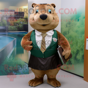 Olive Beaver mascot costume character dressed with a Pencil Skirt and Tie pins