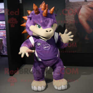 Purple Stegosaurus mascot costume character dressed with a Rugby Shirt and Shoe clips