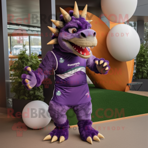Purple Stegosaurus mascot costume character dressed with a Rugby Shirt and Shoe clips