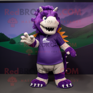 Purple Stegosaurus mascot costume character dressed with a Rugby Shirt and Shoe clips