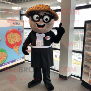 Black Pizza Slice mascot costume character dressed with a Dress Pants and Reading glasses