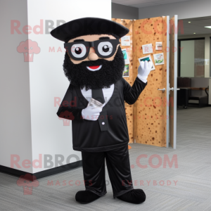 Black Pizza Slice mascot costume character dressed with a Dress Pants and Reading glasses