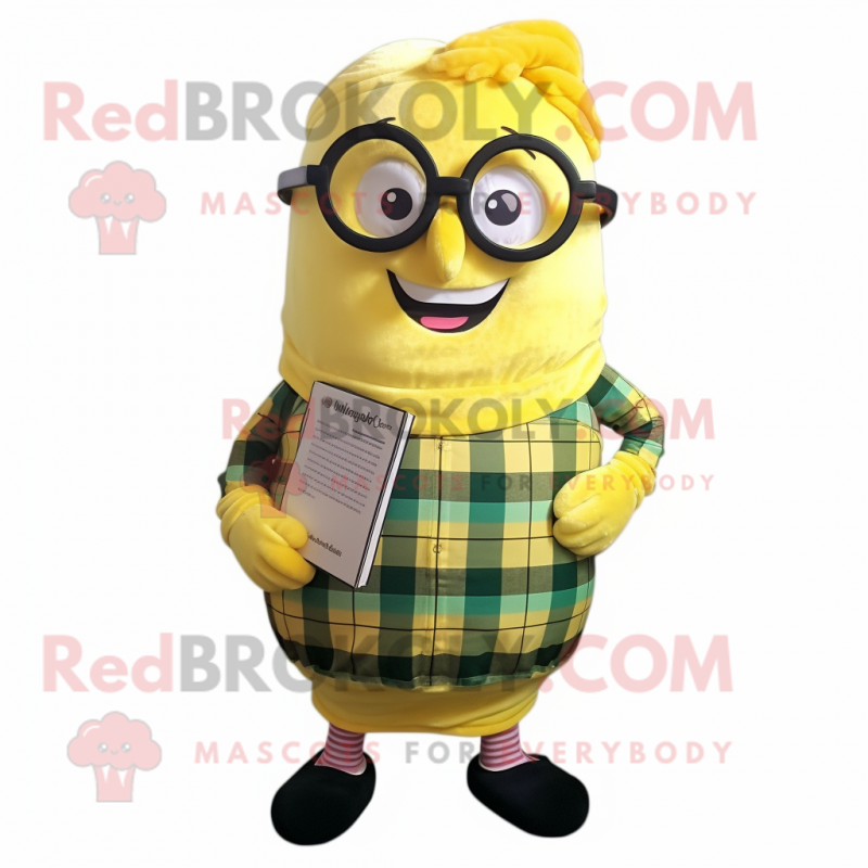Lemon Yellow Onion mascot costume character dressed with a Flannel Shirt and Reading glasses