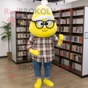 Lemon Yellow Onion mascot costume character dressed with a Flannel Shirt and Reading glasses