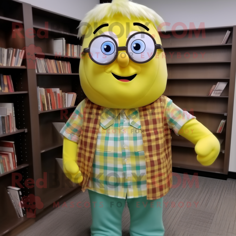 Lemon Yellow Onion mascot costume character dressed with a Flannel Shirt and Reading glasses Lemon Yellow Onion mascot costume character dressed with a Flannel Shirt and Reading glasses