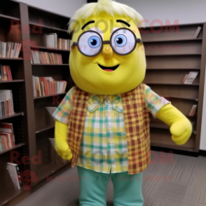 Lemon Yellow Onion mascot costume character dressed with a Flannel Shirt and Reading glasses