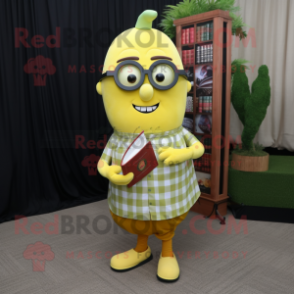 Lemon Yellow Onion mascot costume character dressed with a Flannel Shirt and Reading glasses