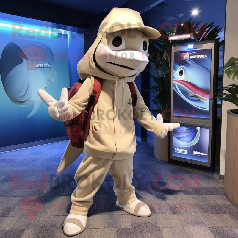 Beige Swordfish mascot costume character dressed with a Hoodie and Briefcases