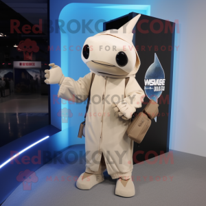 Beige Swordfish mascot costume character dressed with a Hoodie and Briefcases