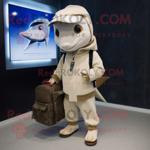Beige Swordfish mascot costume character dressed with a Hoodie and Briefcases